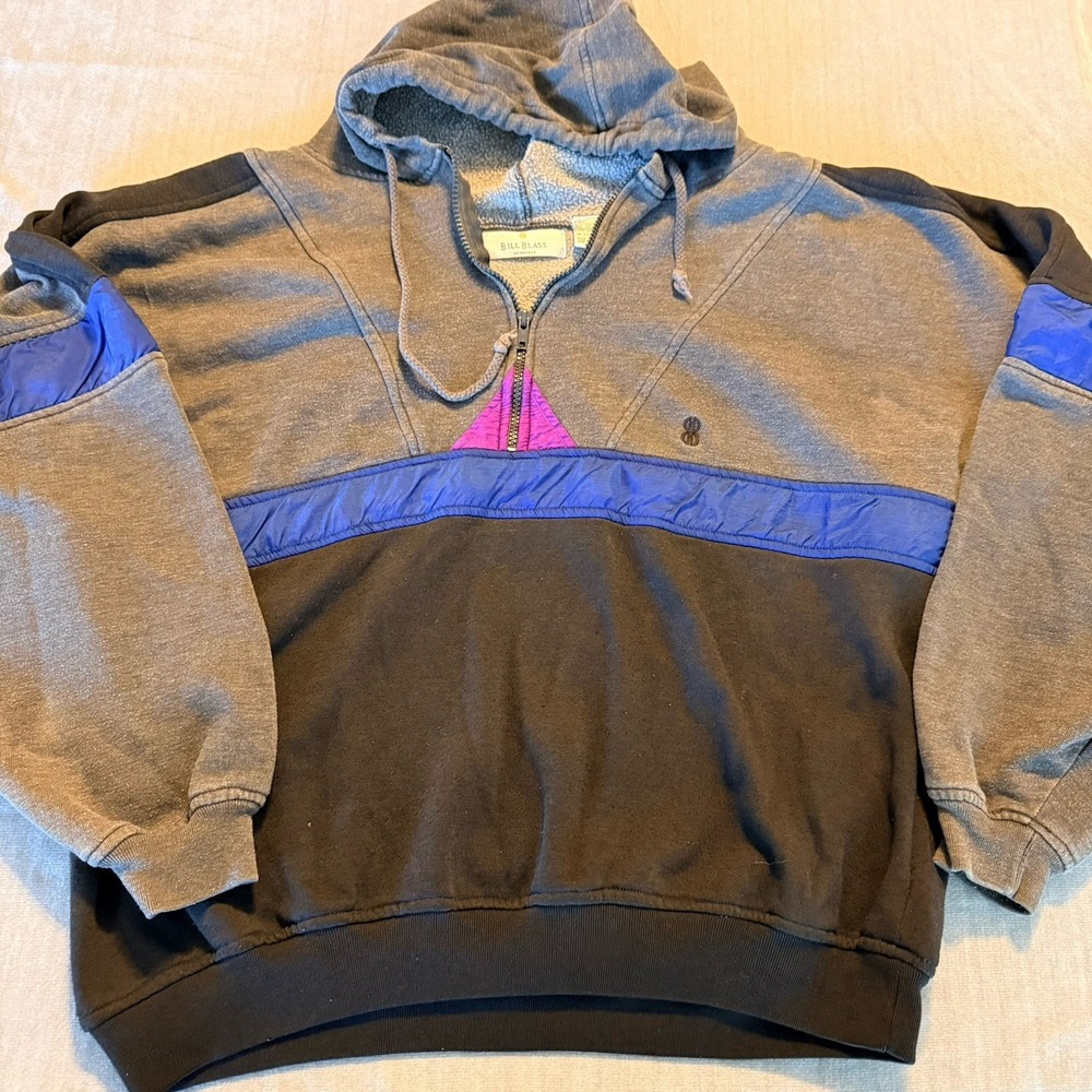 VTG Bill Blass Mens Size XL Gray Colorblock Fleece Hoodie Sweatshirt Pullover